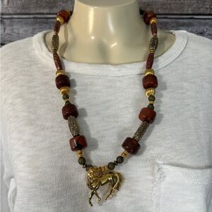 Gorgeous gold tone chunky bead necklace with Horse pendant